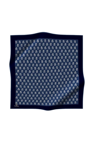 %100 Twill İpek Geometrik Desenli İndigo - Lacivert Renkli 90x90 Eşarp Dikim Şekli : El Dikişi - Resim 2