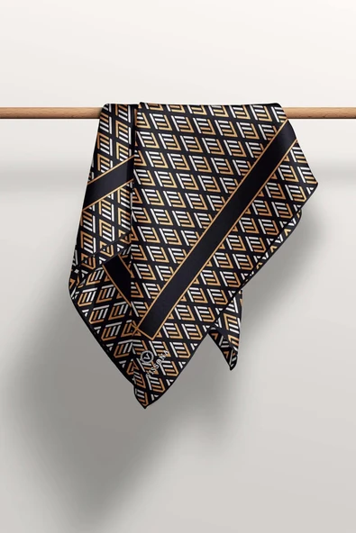 % 57 İPEK % 43 VİSKON Twill İpek Geometrik Desenli Siyah - Gold Renkli 90x90 Eşarp Dikim Şekli : El Dikişi - Resim 5