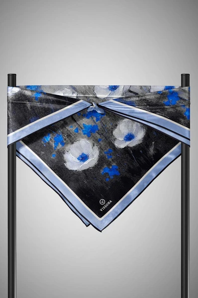 %100 Twill İpek Yağlı Boya Çiçek Desenli İndigo Renkli 90x90 Eşarp Dikim Şekli : El Dikişi - Resim 5