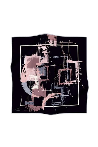 % 57 İPEK % 43 VİSKON Twill İpek Geometrik Desenli Siyah - Pudra Renkli 90x90 Eşarp Dikim Şekli : El Dikişi - Resim 2