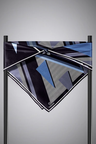 % 57 İPEK % 43 VİSKON Twill İpek Geometrik Desenli İndigo - Siyah Renkli 90x90 Eşarp Dikim Şekli : El Dikişi - Resim 3