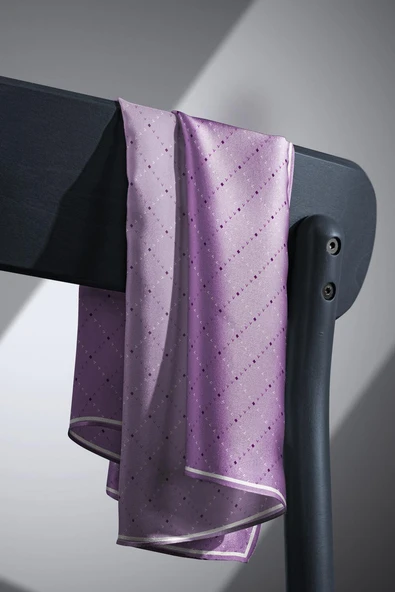 %100 Twill İpek Minik V Desenli Mor Renkli 90x90 Eşarp Dikim Şekli : El Dikişi - Resim 5