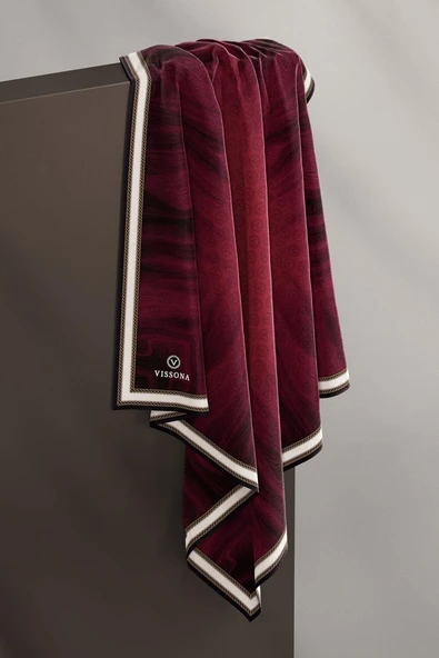 100% Twill İpek Monogram Desenli Bordo Renkli 90x90 Dikim Şekli : El Dikişi Eşarp - Resim 4