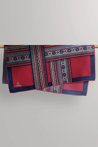 %100 Twill İpek Etnik Desenli Lacivert - Bordo  Renkli 90x90 Eşarp Dikim Şekli : El Dikişi - Resim 5