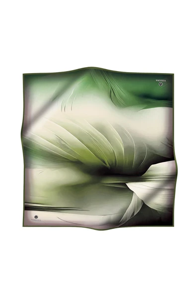 %100 Twill İpek Degrade Duman Haki Yeşili - Zümrüt Yeşili Renkli 90x90 Eşarp Dikim Şekli : El Dikişi - Resim 2