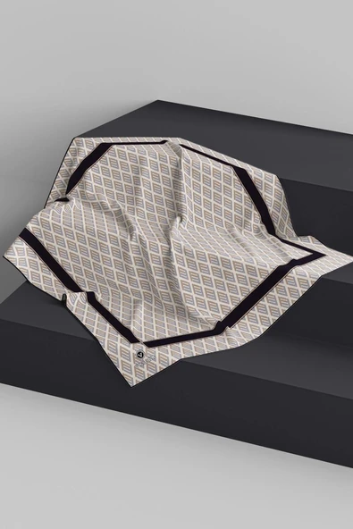 % 57 İPEK % 43 VİSKON Twill İpek Geometrik Desenli Gri - Bej Renkli 90x90 Eşarp Dikim Şekli : El Dikişi - Resim 6