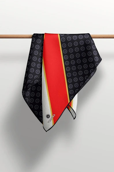 %100 Twill İpek Monogram Ve Barok Desenli Siyah - Kırmızı Renkli 90x90 Eşarp Dikim Şekli : El Dikişi - Resim 6