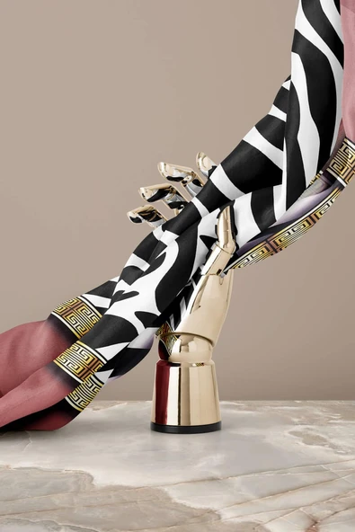 %100 Twill İpek Zebra Desenli Pudra - Gold Renkli 90x90 Eşarp Dikim Şekli : El Dikişi - Resim 6