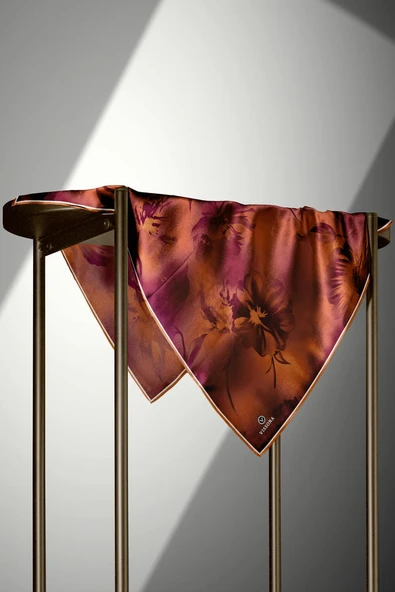 100% Twill İpek Çiçek Desenli Taba Renkli 90x90 Dikim Şekli : El Dikişi Eşarp - Resim 4