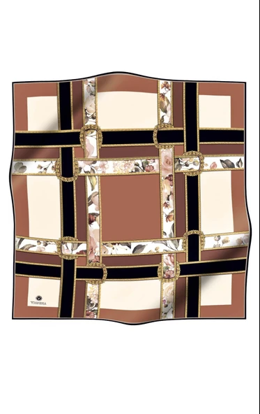 100% Twill İpek Şeritli Çiçek Desenli Bakır - Krem Renkli 90x90 Dikim Şekli : El Dikişi Eşarp - Resim 2