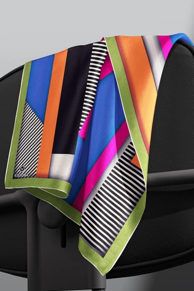 %100 Twill Renk Bloklu Çizgili Desenli Fuşya - Saks Renkli 90x90 Eşarp Dikim Şekli: El Dikişii - Resim 5