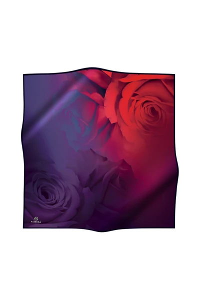 %100 Twill İpek Gül Desenli Kırmızı - Lacivert Renkli 90x90 Eşarp Dikim Şekli : El Dikişi - Resim 2