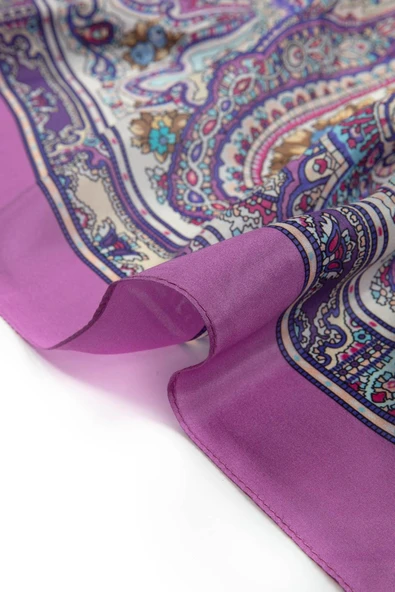 %100 İpek Etro Desenli Fuşya Renkli 92x210 Şal - Resim 4