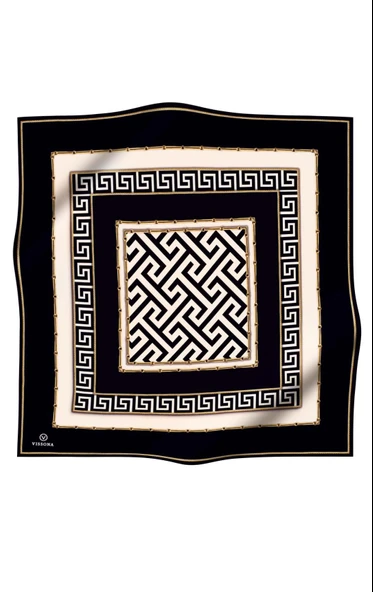 % 57 İPEK % 43 VİSKON Twill İpek Labirent Ve Geometrik Desenli Siyah - Krem Renkli 90x90 Eşarp Dikim Şekli : El Dikişi - Resim 2