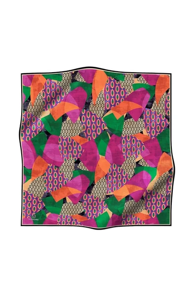 %100 Twill İpek Geometrik Desenli Fuşya - Zümrüt Yeşili Renkli 90x90 Eşarp Eşarp Kenar Dikiş Şekli El Dikişli - Resim 2