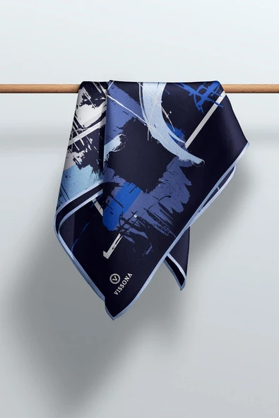 % 57 İPEK % 43 VİSKON Twill İpek Geometrik Desenli Lacivert - Bebe Mavisi Renkli 90x90 Eşarp Dikim Şekli : El Dikişi - Resim 5