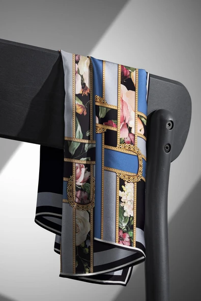 %100 Twill İpek Şeritleri Kemerli Ve Çiçek Desenli İndigo - Gri Renkli 90x90 Eşarp Dikim Şekli : El Dikişi - Resim 6