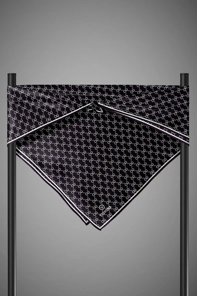 %100 Twill İpek Geometrik Desenli Siyah - Beyaz Renkli 90x90 Eşarp Dikim Şekli : El Dikişi - Resim 6