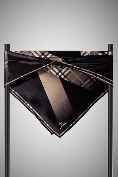 % 57 İPEK % 43 VİSKON Twill İpek Ekose Desenli Bej - Siyah Renkli 90x90 Eşarp Dikim Şekli : El Dikişi - Resim 3
