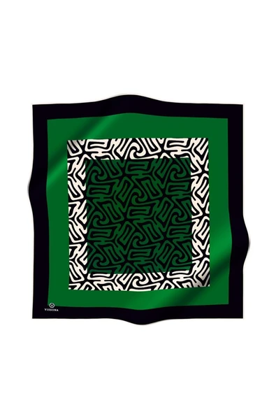 100% Twill İpek Bordürlü Dalga Desenli Siyah - Zümrüt Yeşili Renkli 90x90 Dikim Şekli : El Dikişi Eşarp - Resim 2