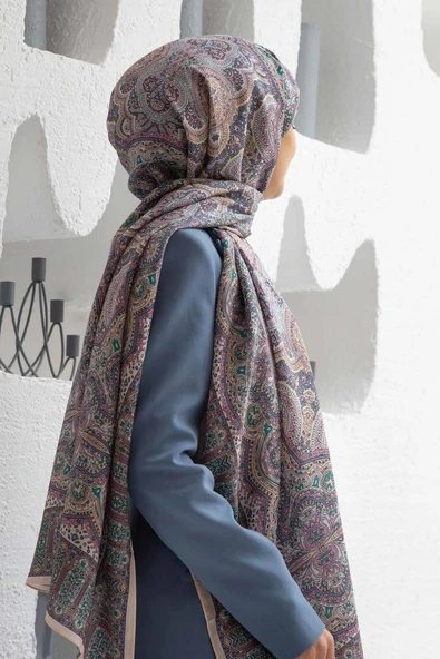 100% İpek Etnik Desenli Pudra - Gül Kurusu Renkli 92x210 Şal ürün görseli