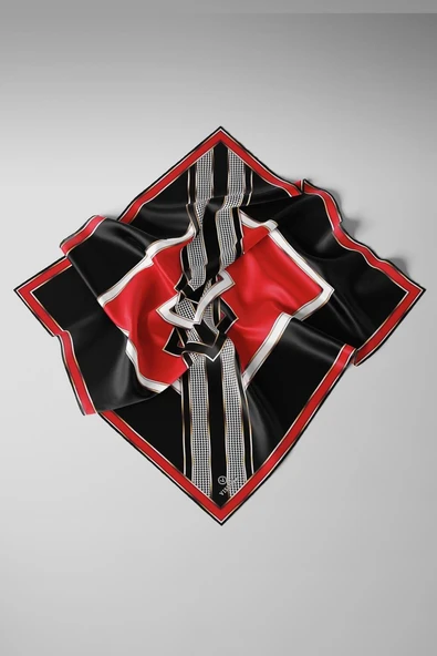 %100 Twill İpek Kareli Kazayaklı Desenli Siyah - Kırmızı Renkli 90x90 Eşarp Kenar Dikiş Şekli El Dikişli - Resim 2