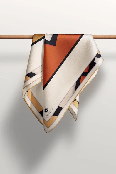 %100 Twill İpek Geometrik Desenli Taba - Gold Renkli 90x90 Eşarp Dikim Şekli : El Dikişi - Resim 4