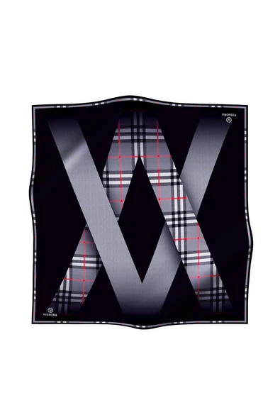 %100 Twill İpek Ekose Desenli Gri - Siyah Renkli 90x90 Eşarp Dikim Şekli : El Dikişi - Resim 2