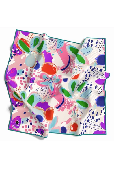 Twill Yumuşak Dokulu Çiçekli Batik Desenli Pembe - Turuncu Renkli 90x90 Eşarp (İpek İçermez) Dikim Şekli : El Dikişi ürün görseli