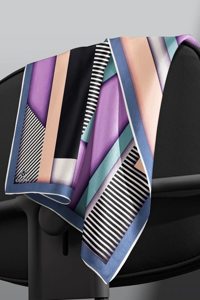 %100 Twill Renk Bloklu Çizgili Desenli Lila - İndigo Renkli 90x90 Eşarp Dikim Şekli: El Dikişii - Resim 5