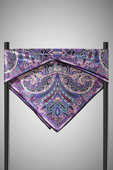 100% Twill İpek Etnik Desenli Mor - Petrol Yeşili Renkli 90x90 Dikim Şekli : El Dikişi Eşarp - Resim 3