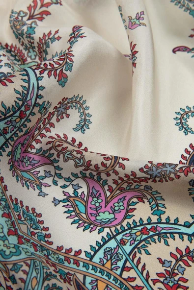 %100 İpek Etnik Desenli Krem - Mint Yeşili Renkli 92x210 Şal - Resim 3