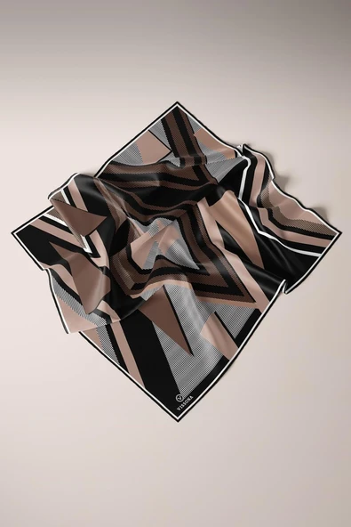 %100 Twill İpek Geometrik Desenli Bej - Siyah Renkli 90x90 Eşarp Dikim Şekli : El Dikişi - Resim 5