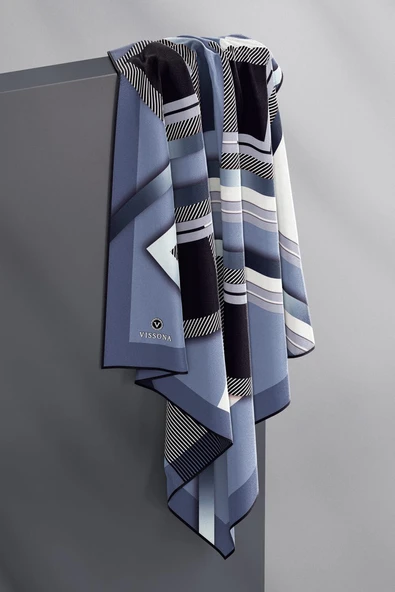 %100 Twill İpek Zebra Desenli İndigo - Siyah Renkli 90x90 Eşarp Dikim Şekli : El Dikişi - Resim 3