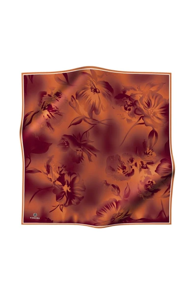 % 57 İPEK % 43 VİSKON Twill İpek Çiçek Desenli Taba Renkli 90x90 Dikim Şekli : El Dikişi Eşarp - Resim 2