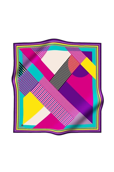 %100 Twill İpek Geometrik Desenli Fuşya - Mor Renkli 90x90 Eşarp Dikim Şekli : El Dikişi - Resim 2