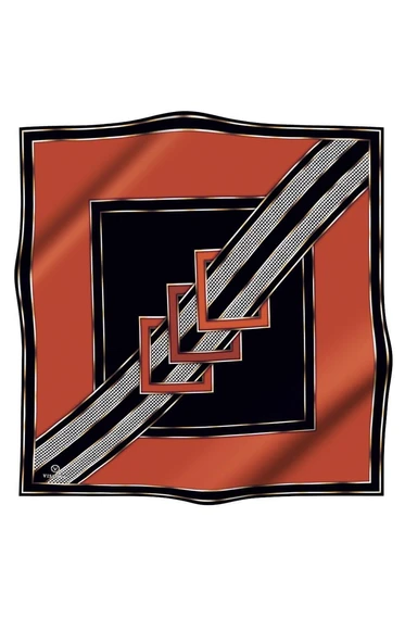 %100 Twill İpek Kareli Kazayaklı Desenli Taba - Siyah Renkli 90x90 Eşarp Kenar Dikiş Şekli El Dikişli - Resim 2