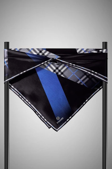 % 57 İPEK % 43 VİSKON Twill İpek Ekose Desenli Saks - Siyah Renkli 90x90 Eşarp Dikim Şekli : El Dikişi - Resim 3