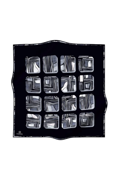 %100 Twill İpek Geometrik Kare Desenli Siyah - Beyaz Renkli 90x90 Eşarp Dikim Şekli : El Dikişi - Resim 2