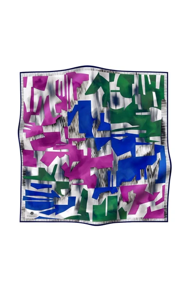 %100 Twill İpek Geometrik Desenli Fuşya - Saks Kabuğu Renkli 90x90 Eşarp Dikim Şekli : El Dikişi - Resim 2