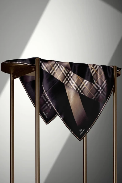 % 57 İPEK % 43 VİSKON Twill İpek Ekose Desenli Bej - Siyah Renkli 90x90 Eşarp Dikim Şekli : El Dikişi - Resim 5