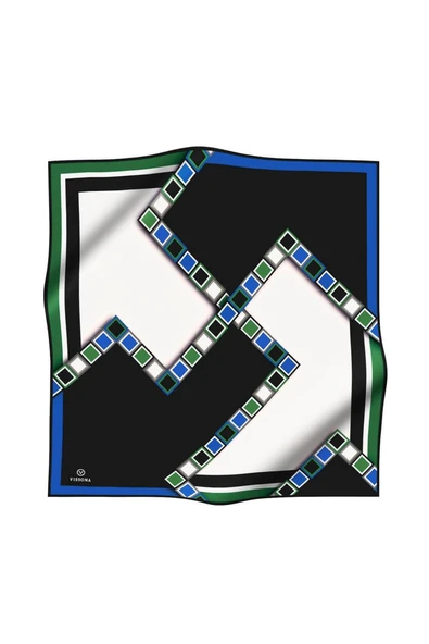 %100 Twill İpek Geometrik Desenli Saks - Zümrüt Yeşili Renkli 90x90 Eşarp Dikim Şekli : El Dikişi - Resim 2