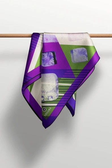 %100 Twill İpek Geometrik Desenli Mor - Haki Renkli 90x90 Eşarp Dikim Şekli : El Dikişi - Resim 6