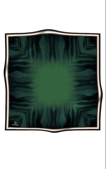 100% Twill İpek Monogram Desenli Zümrüt Yeşili Renkli 90x90 Dikim Şekli : El Dikişi Eşarp - Resim 2