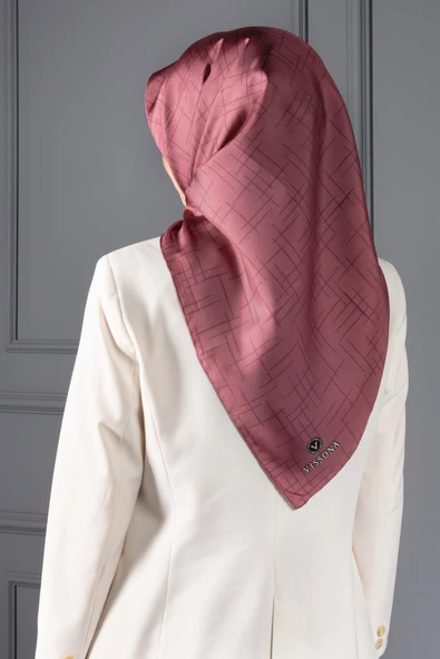 %100 Twill İpek Çizgi Desenli Gül Kurusu Renkli 90x90 Eşarp Dikim Şekli : El Dikişi - Resim 5