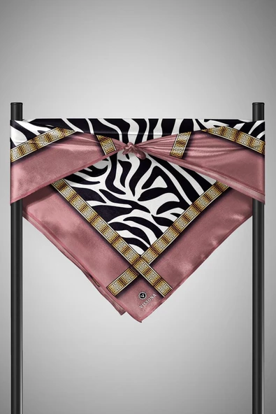 %100 Twill İpek Zebra Desenli Pudra - Gold Renkli 90x90 Eşarp Dikim Şekli : El Dikişi - Resim 3