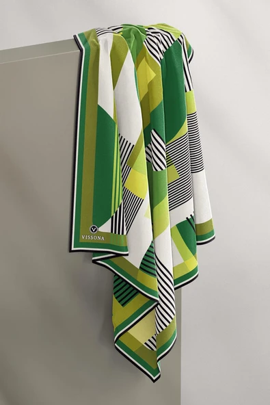 100% Twill İpek Geometrik Desenli Haki - Zümrüt Yeşili Renkli 90x90 Dikim Şekli : El Dikişi Eşarp - Resim 3