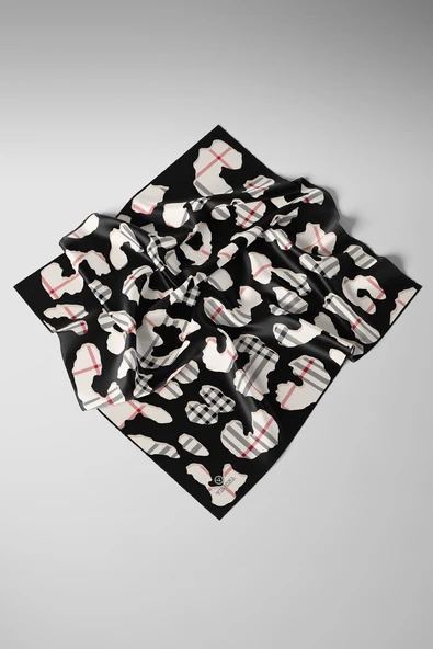 %100 Twill İpek Leopar Desenli Siyah - Krem Renkli 90x90 Eşarp Dikim Şekli : El Dikişi - Resim 6