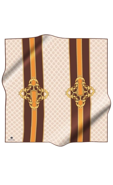 %100 Twill İpek Monogramlı Ve Barok Desenli Kahverengi - Bej Renkli 90x90 Eşarp Dikim Şekli : El Dikişi - Resim 2