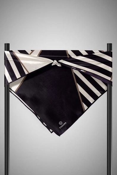 %100 Twill İpek Zincirli Çizgi Desenli Siyah - Krem Renkli 90x90 Eşarp Dikim Şekli : El Dikişi ürün görseli